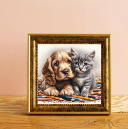 Diamond Art Painting Kit - Puppy and Kitten / Dog and Cat