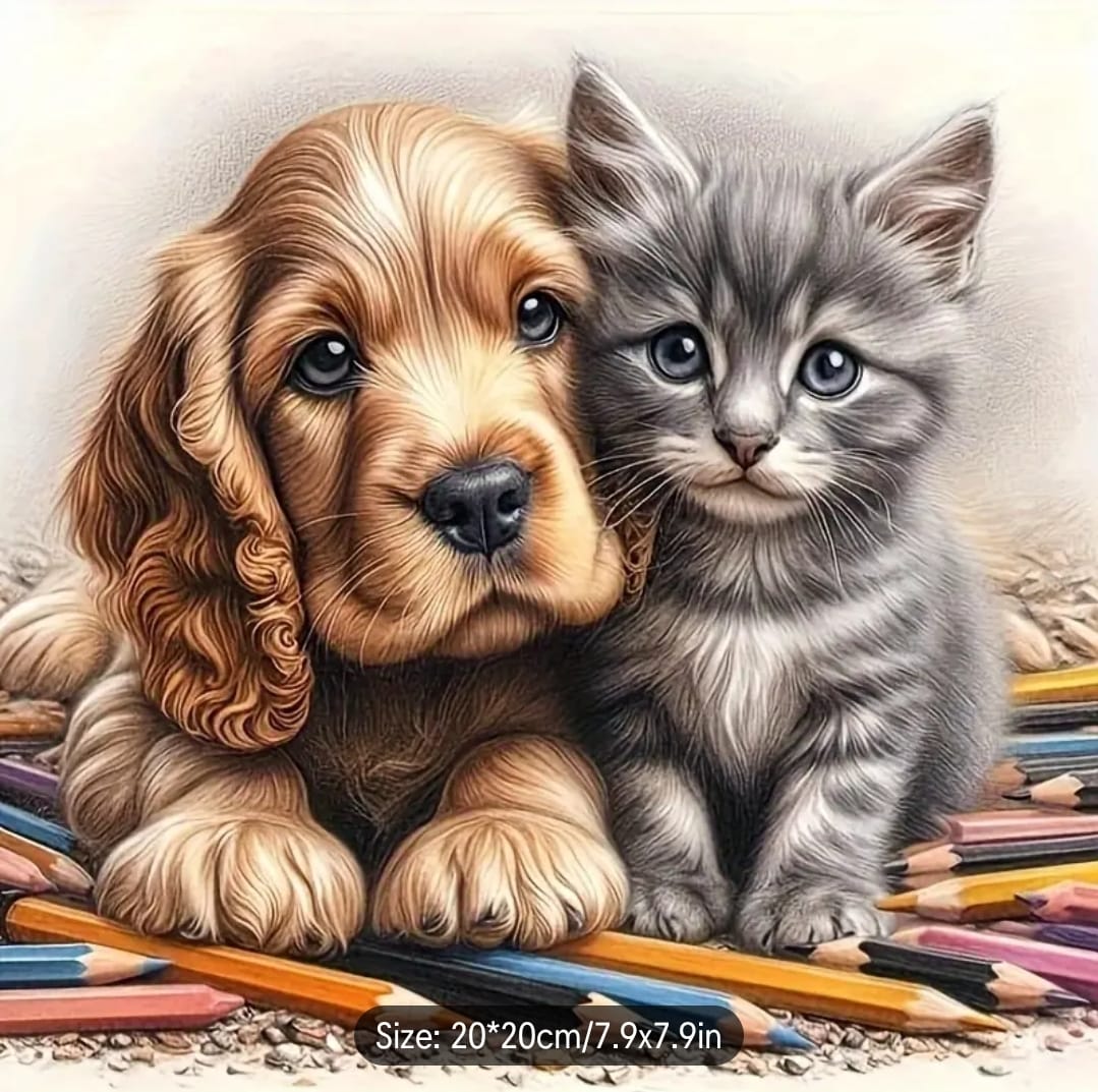 Diamond Art Painting Kit - Puppy and Kitten / Dog and Cat